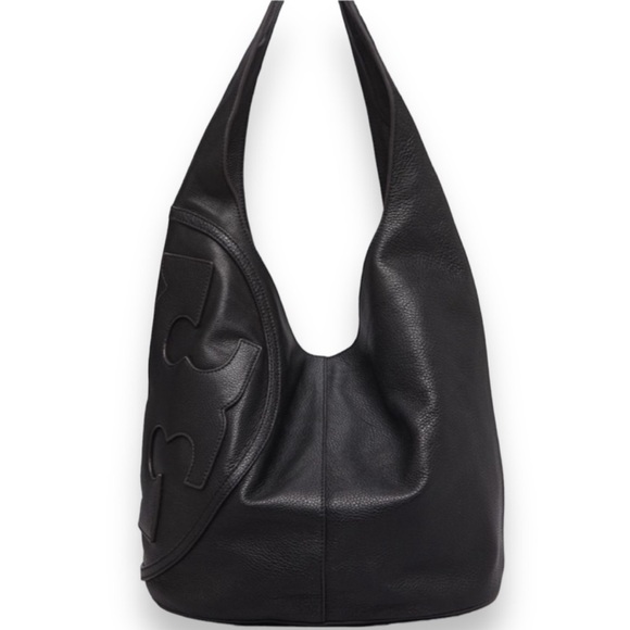 Rare Tory Burch All T Large Leather Hobo Tote Black Pebbled HTF Jacquard Lining - Picture 1 of 13